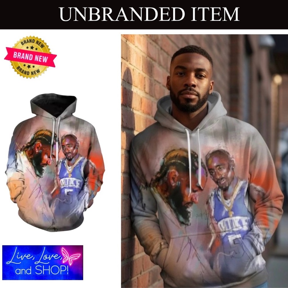 TUPAC & NIPSEY 3D Anime Polyester Hoodie: Beige & Red. Unisex, NWOT